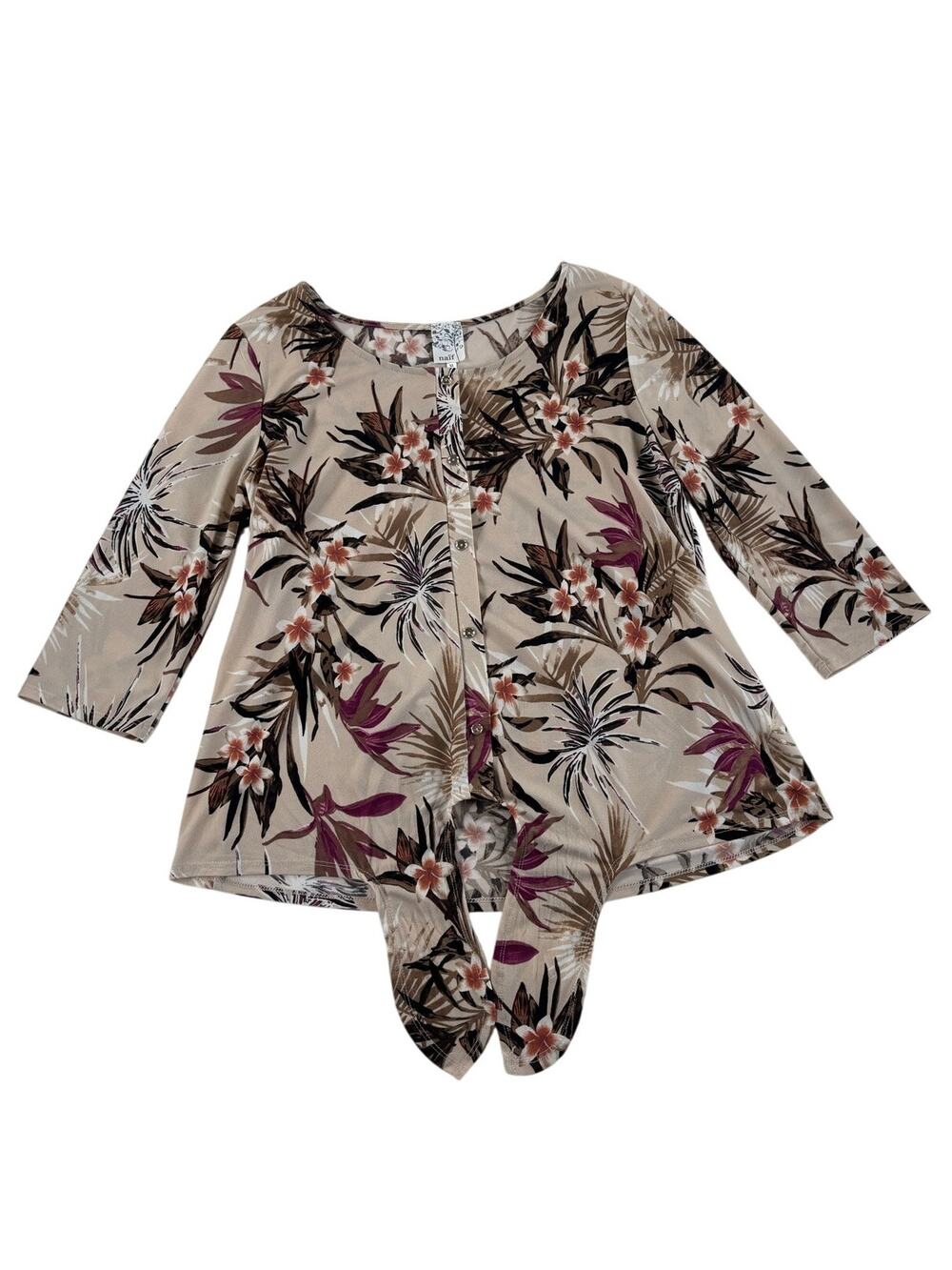 Naif Womens Half Sleeve Tied Blouse - Tan Floral / Tropical Print - XL